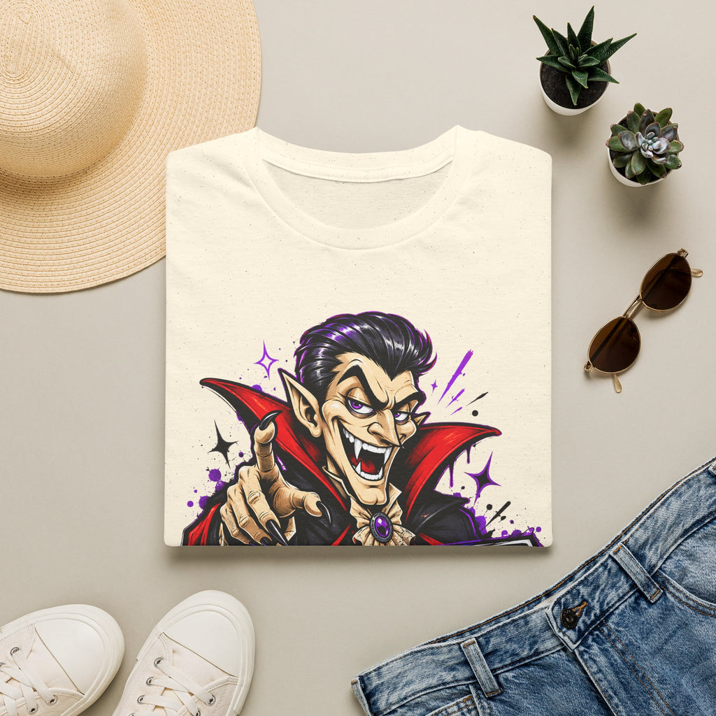 Cream T-shirt with colorful cartoon vampire pointing graphic