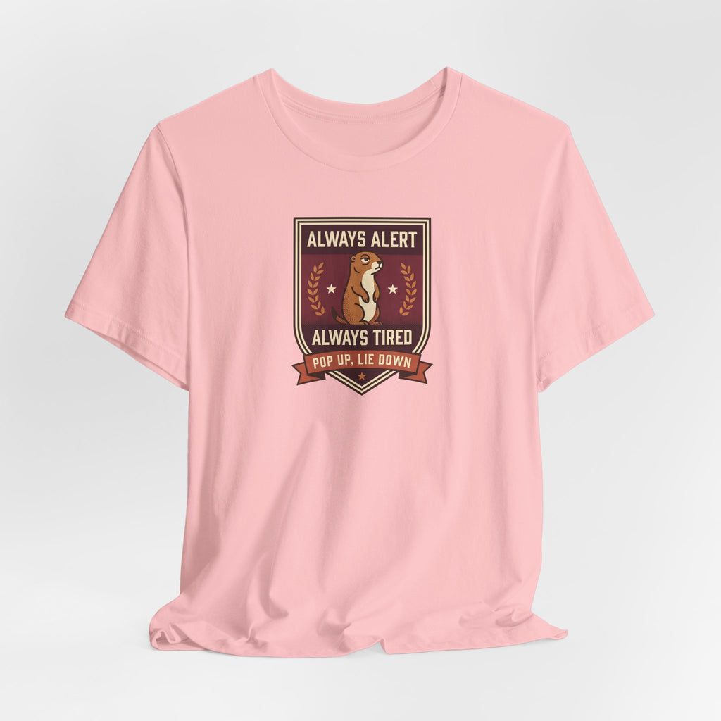 Light pink crewneck T-shirt with squirrel crest badge graphic centered