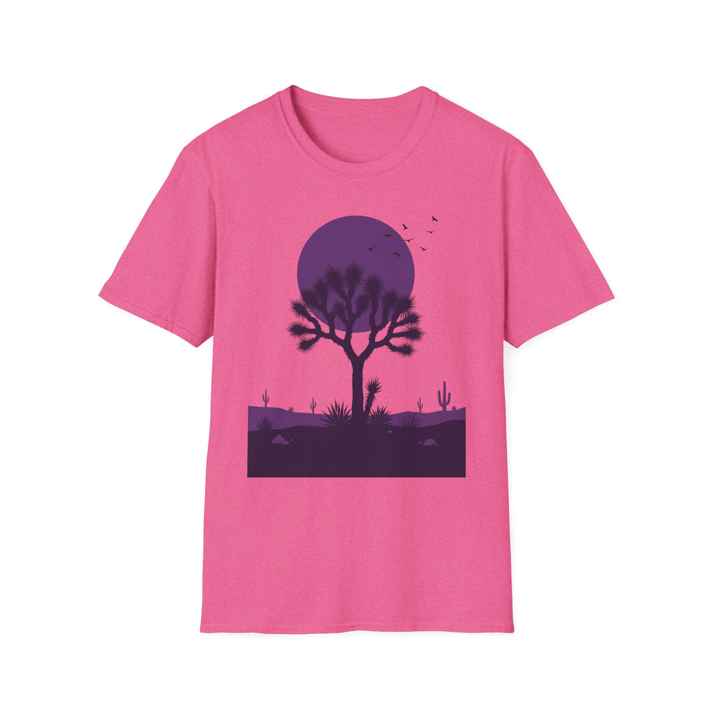 Bright pink T-shirt with purple moon graphic, Joshua tree and desert silhouettes