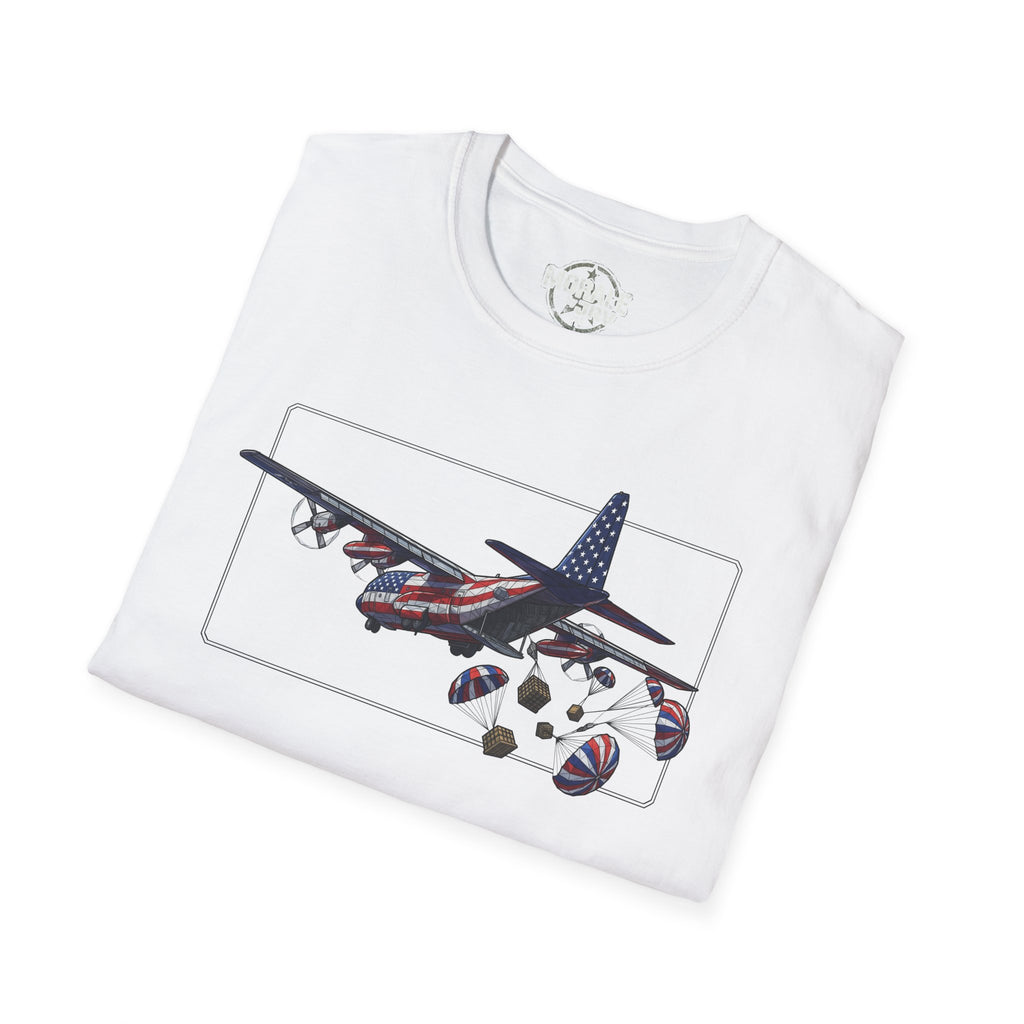 White C-130 Hercules T-shirt with aircraft drop graphic in rectangular frame