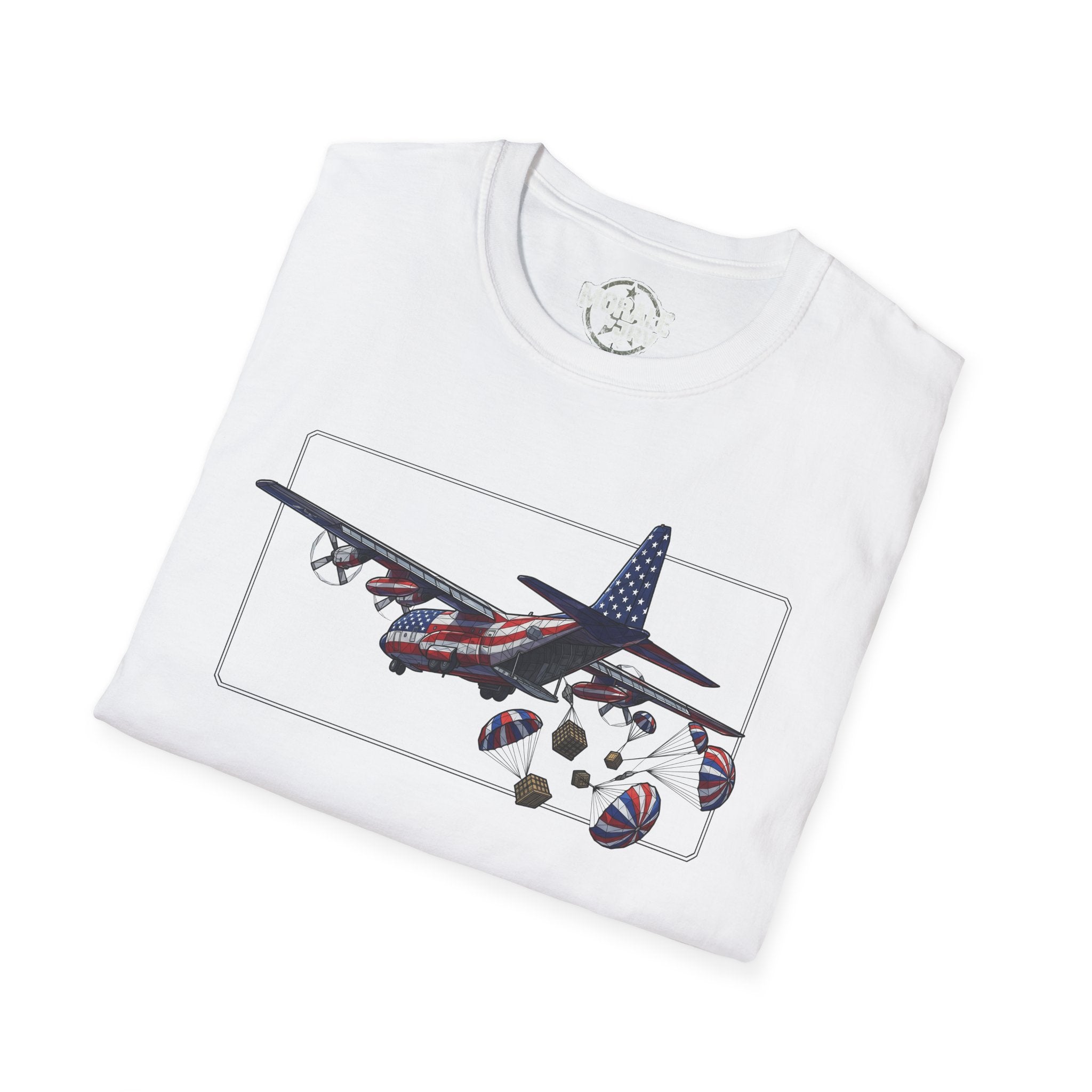 White C-130 Hercules T-shirt with aircraft drop graphic in rectangular frame