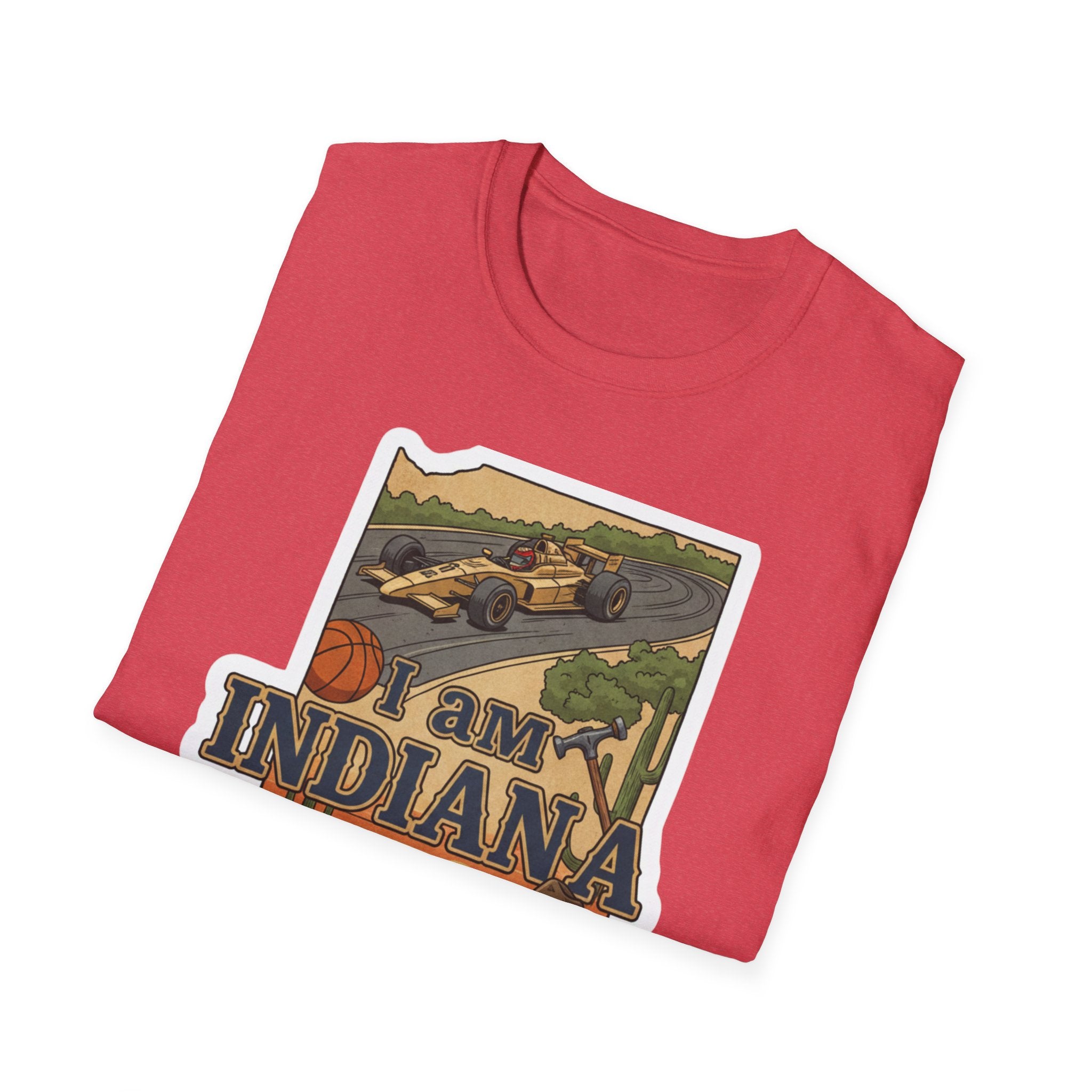 Red T-shirt with Indiana race car, basketball, and “I Am Indiana” text