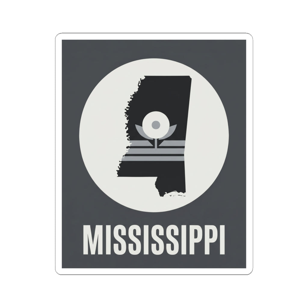 Black-and-white Mississippi silhouette sticker, circular emblem with “MISSISSIPPI”