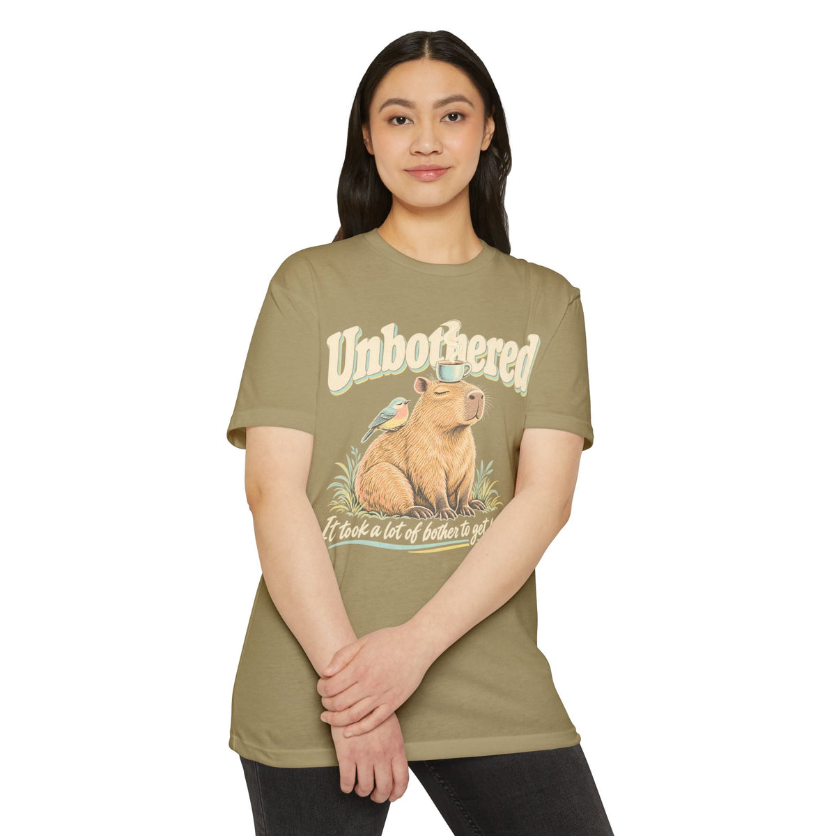 Light olive crewneck t-shirt with capybara graphic on front.