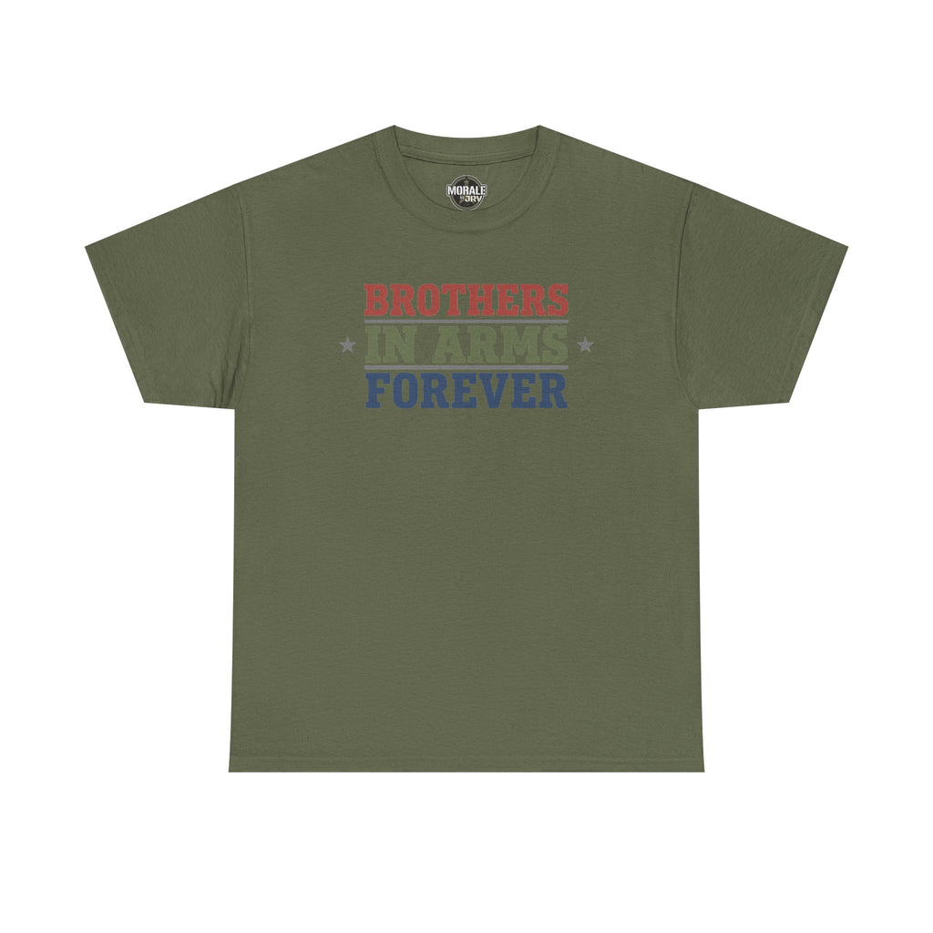 Military green crewneck T-shirt with 'BROTHERS IN ARMS FOREVER' graphic and stars