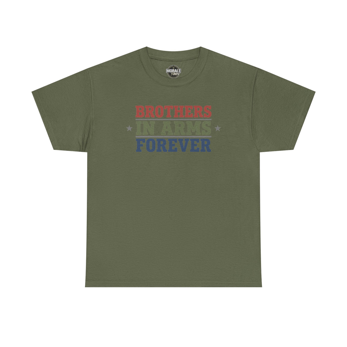 Military green crewneck T-shirt with 'BROTHERS IN ARMS FOREVER' graphic and stars