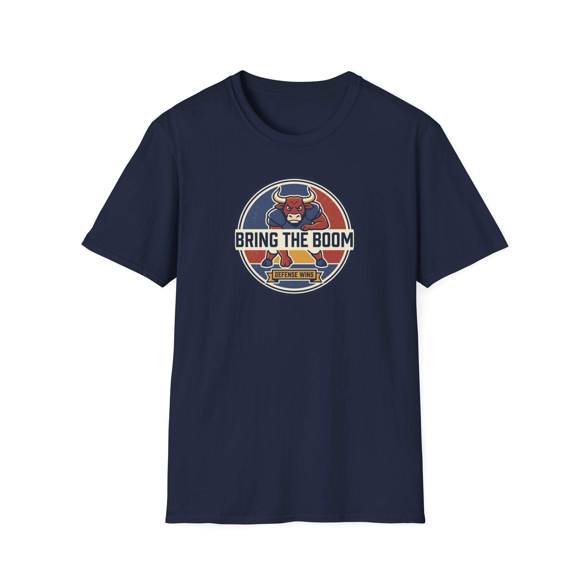 Navy T-shirt with bull mascot vintage sports graphic on the chest