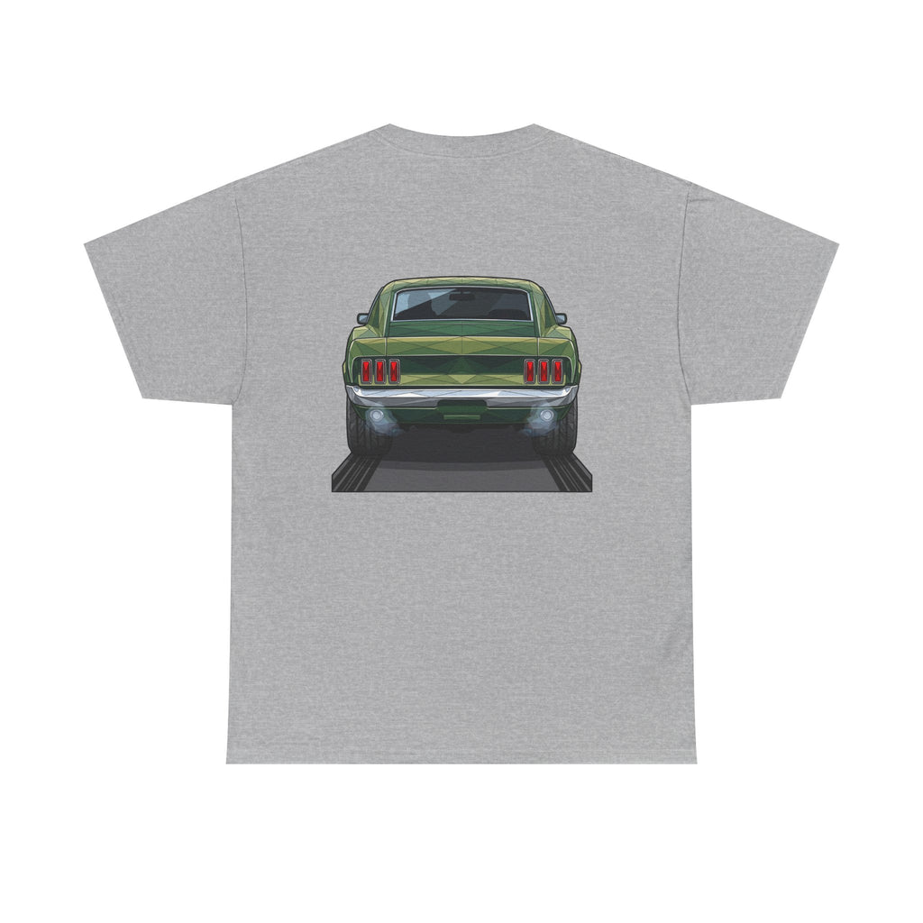 Light gray muscle car graphic T-shirt with front view illustration on back