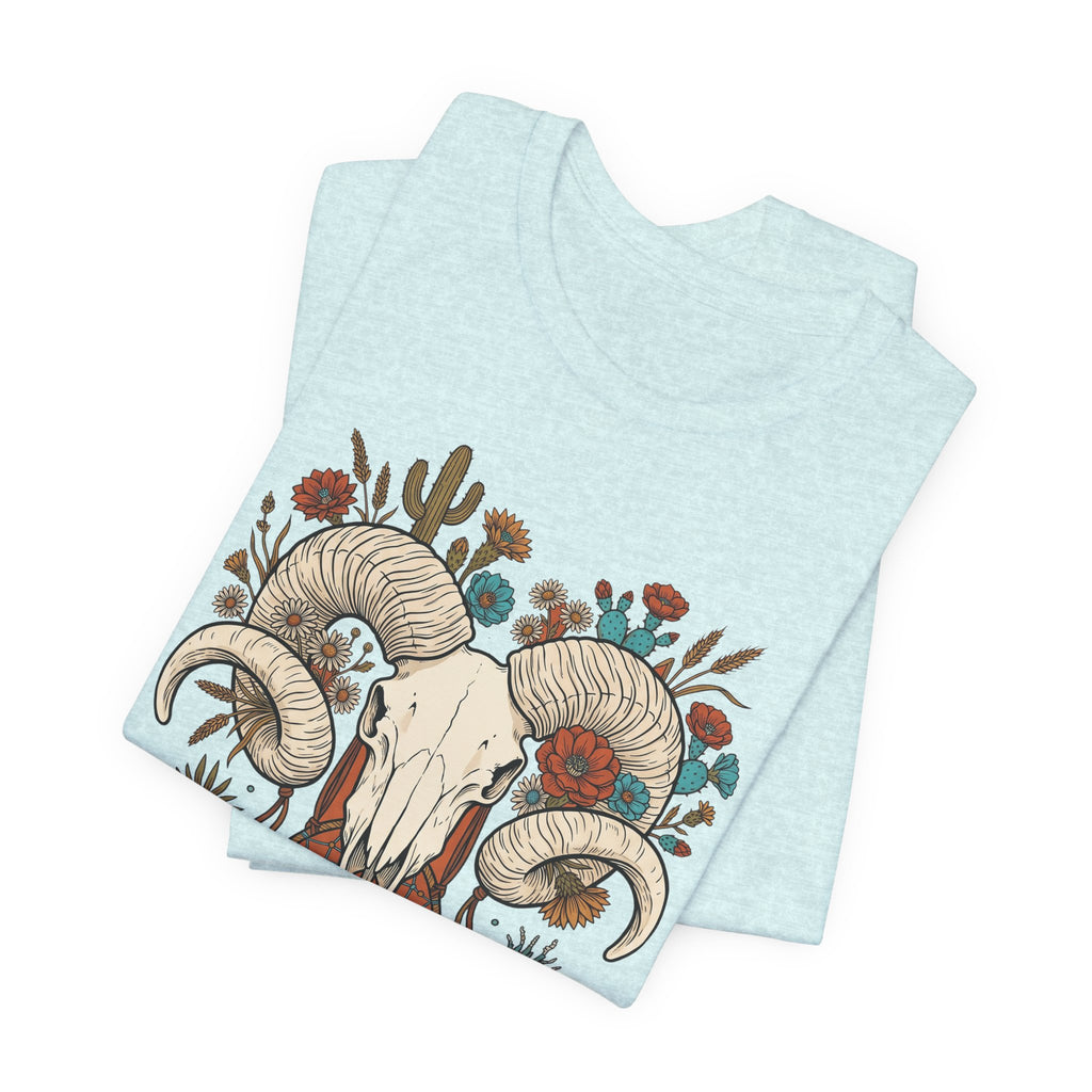 Light aqua t-shirt with ram skull horns floral dreamcatcher and cactus graphic