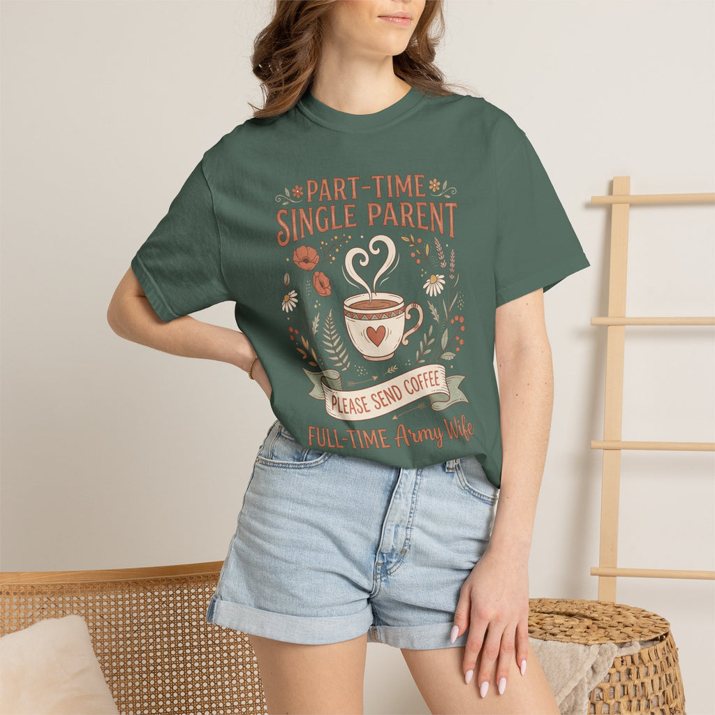 Seafoam green T-shirt with “Part-Time Single Parent” coffee graphic worn on model.