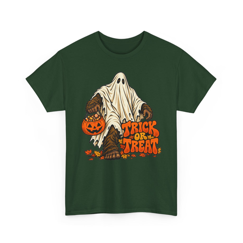 Dark green crew neck T-shirt with Bigfoot ghost holding a jack-o’-lantern, “Tricks or Treats”