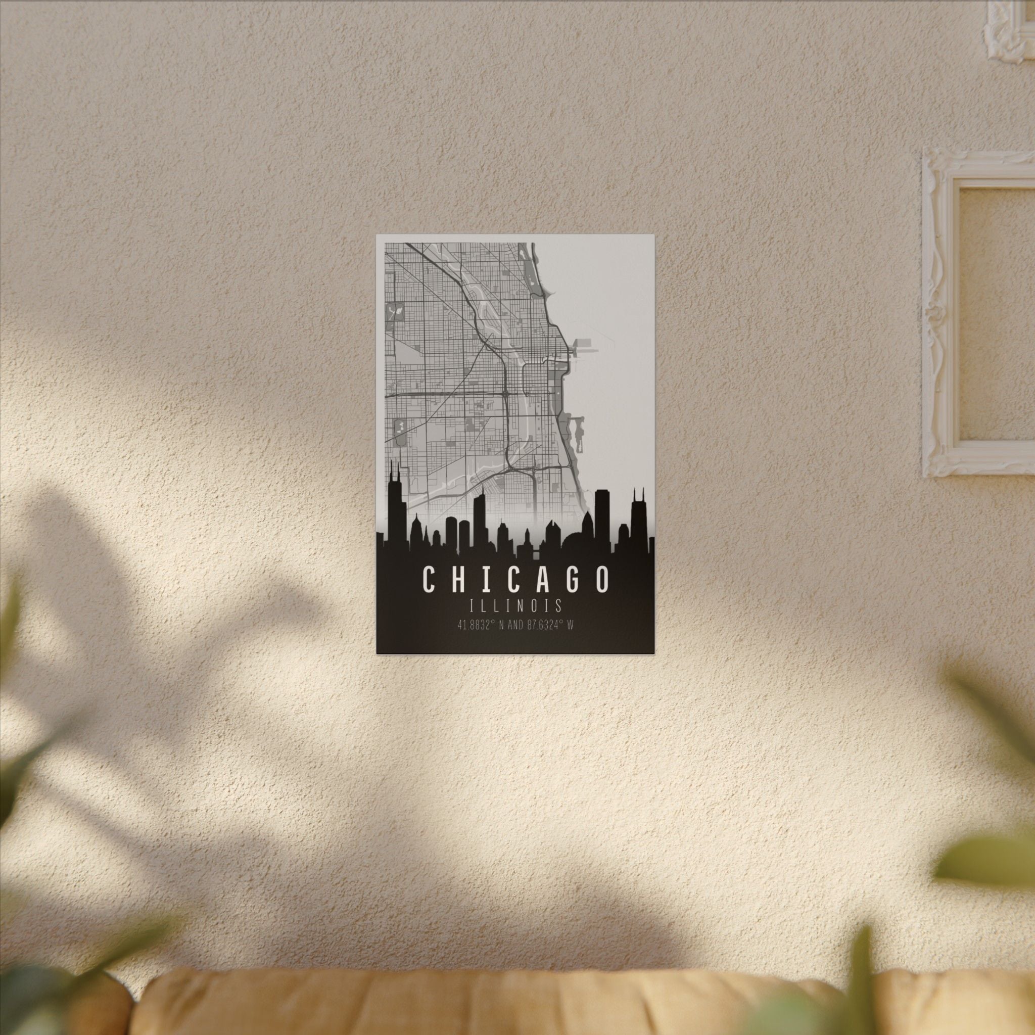 Chicago skyline map wall art in matte canvas with city grid, skyline silhouette, coordinates