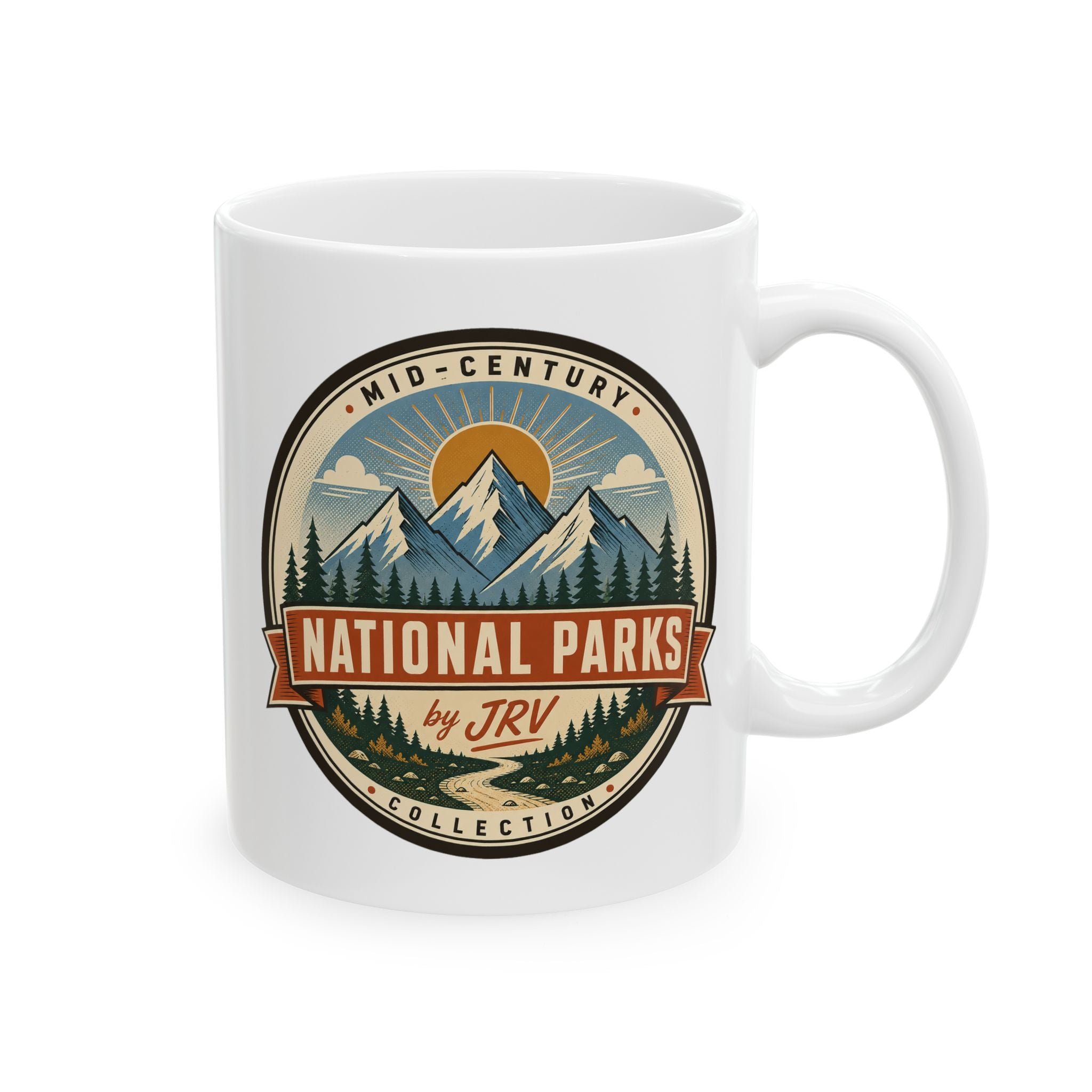 White ceramic mug with Mid-Century National Parks by JRV graphic and handle