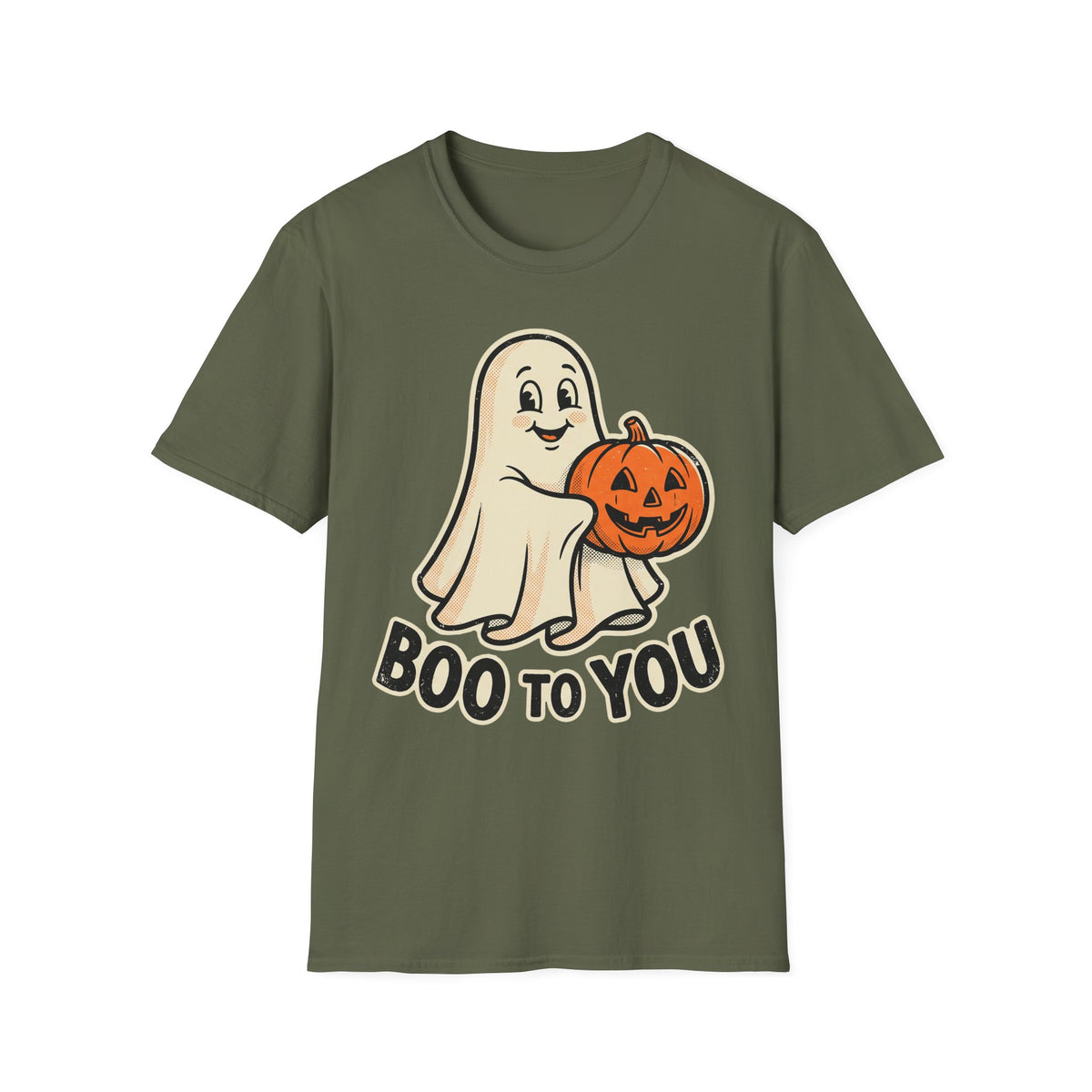 Military green Halloween ghost T-shirt, ghost holding orange jack-o’-lantern with “BOO TO YOU”