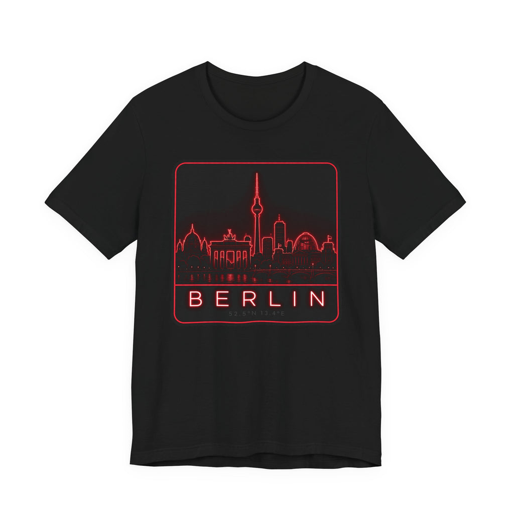 Black T-shirt with red neon Berlin skyline graphic and 'BERLIN' text
