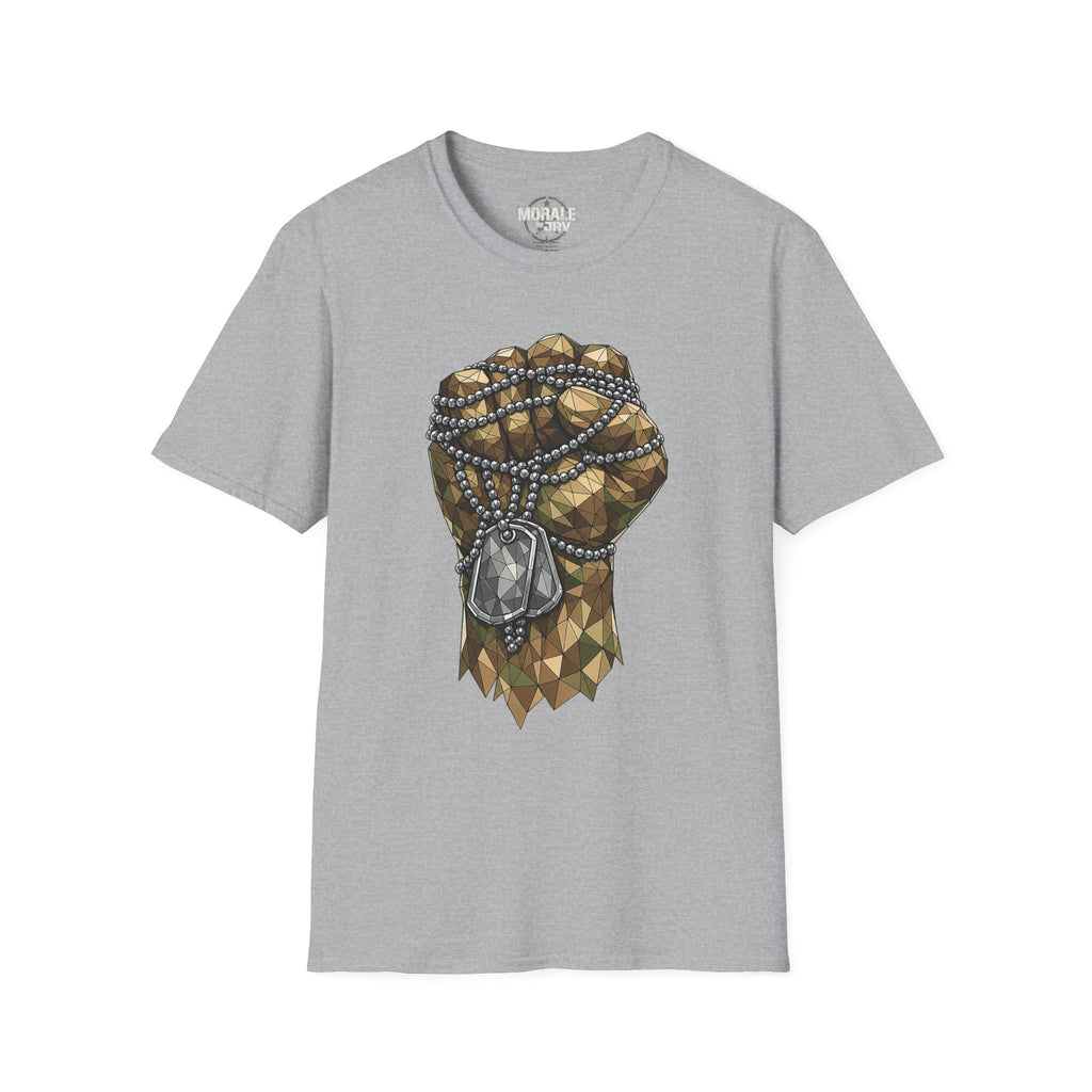 Sport grey T-shirt with polygon graphic of fist and dog-tag necklace pendant.