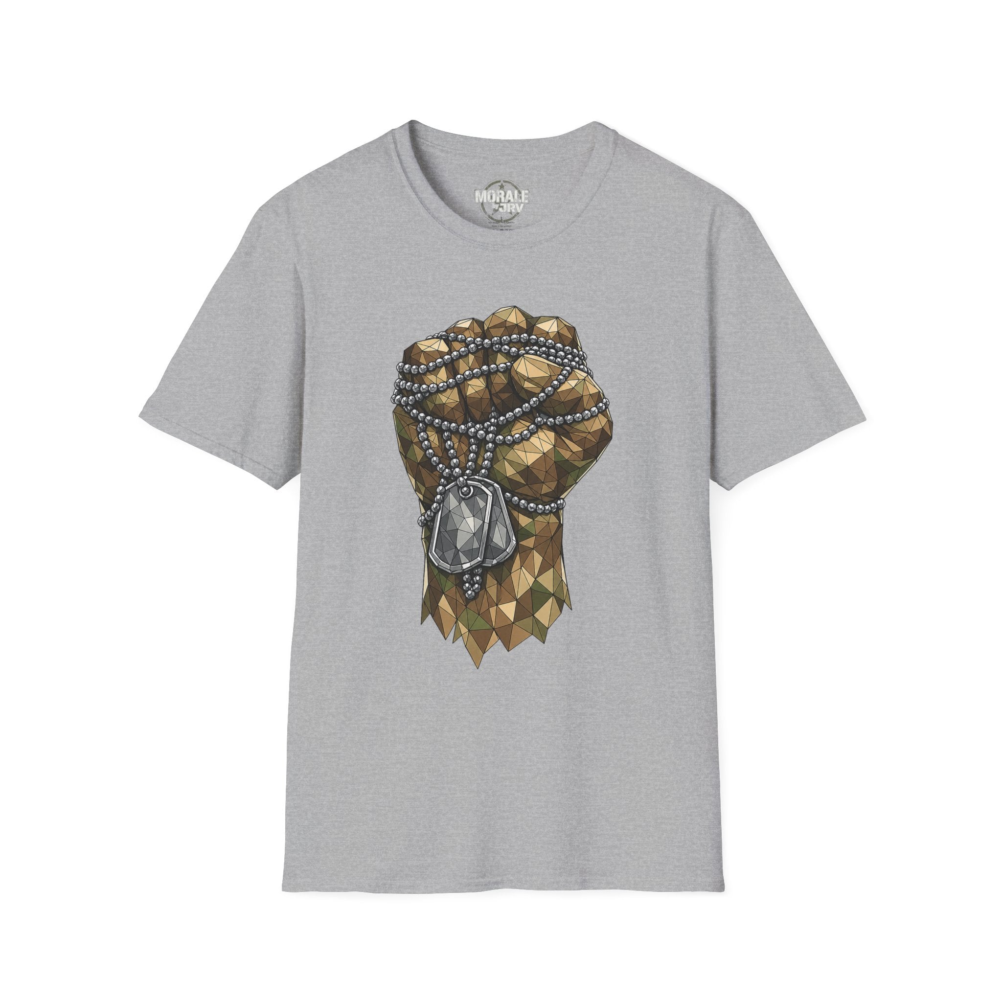 Sport grey T-shirt with polygon graphic of fist and dog-tag necklace pendant.