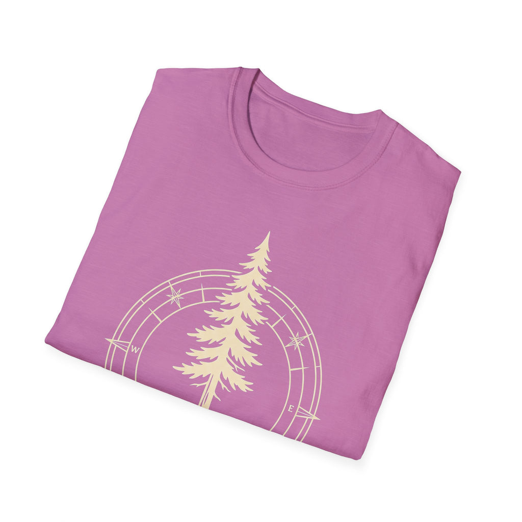 Pink T-shirt with compass circle and pine tree graphic on the front