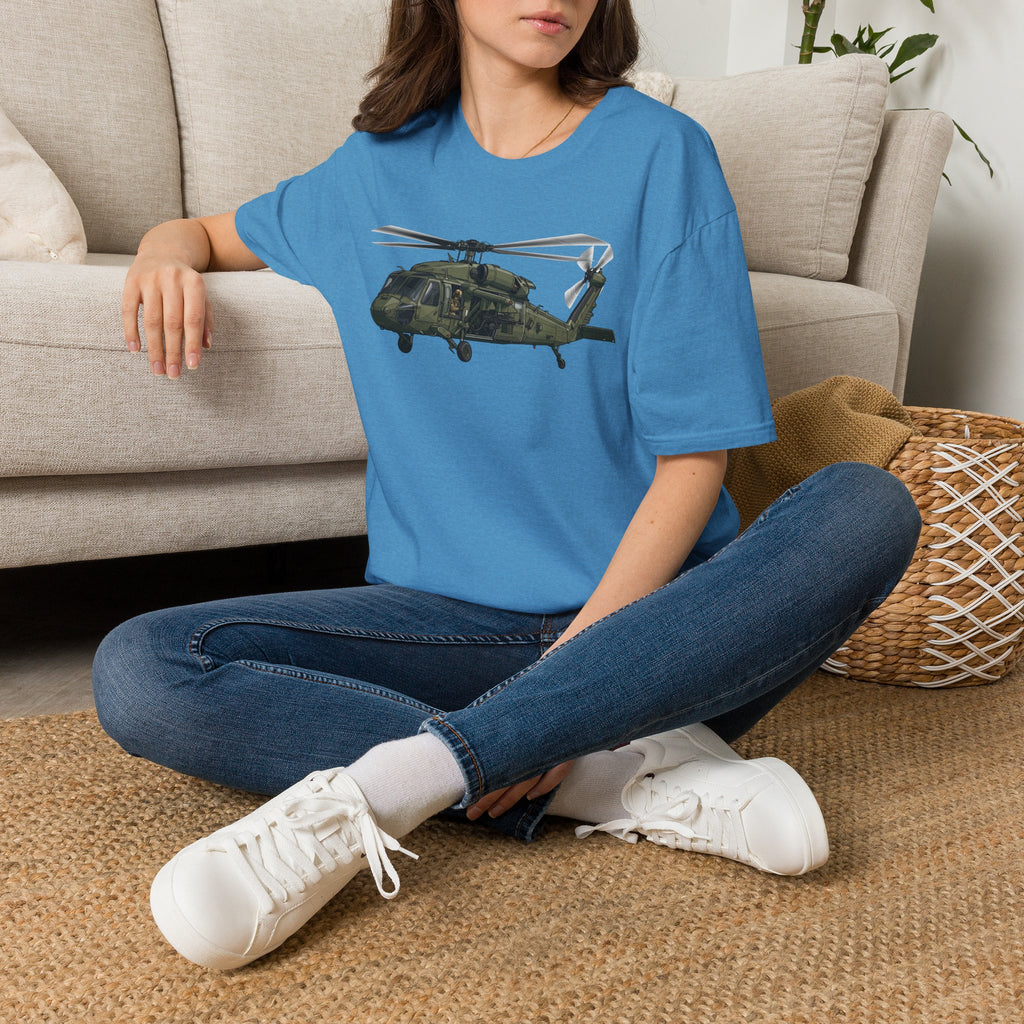 Helicopter graphic t-shirt in blue with front helicopter aviation artwork