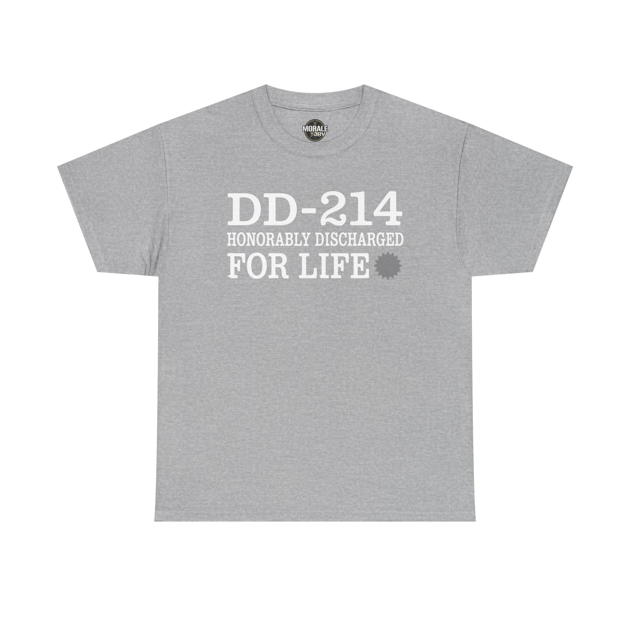 Heather gray T-shirt with "DD-214 HONORABLY DISCHARGED FOR LIFE" chest print