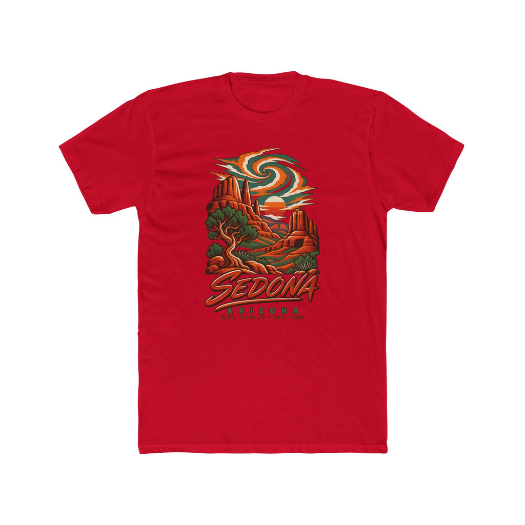 Red T-shirt with multicolor desert vortex and “Sedona Arizona” front graphic