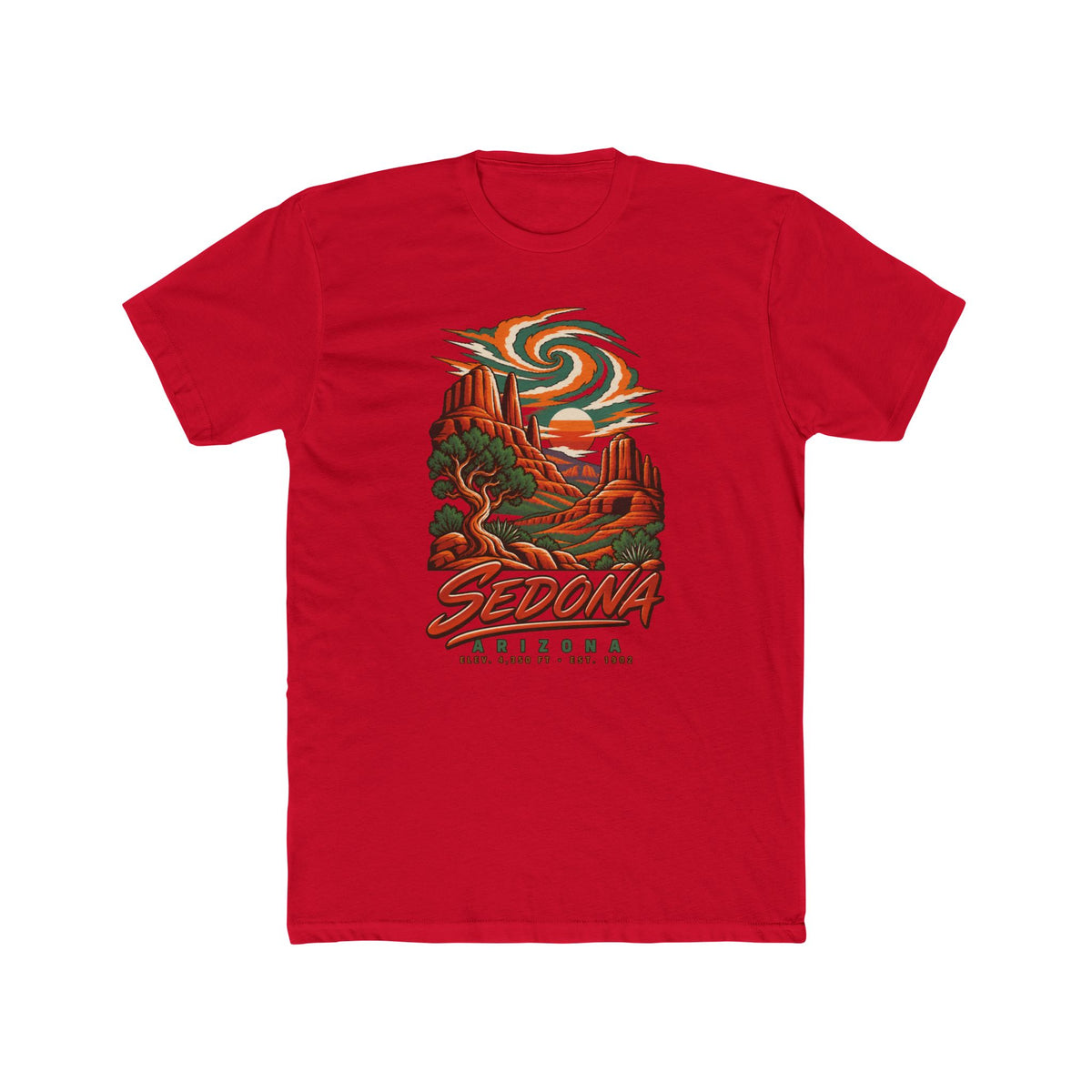 Red T-shirt with multicolor desert vortex and “Sedona Arizona” front graphic