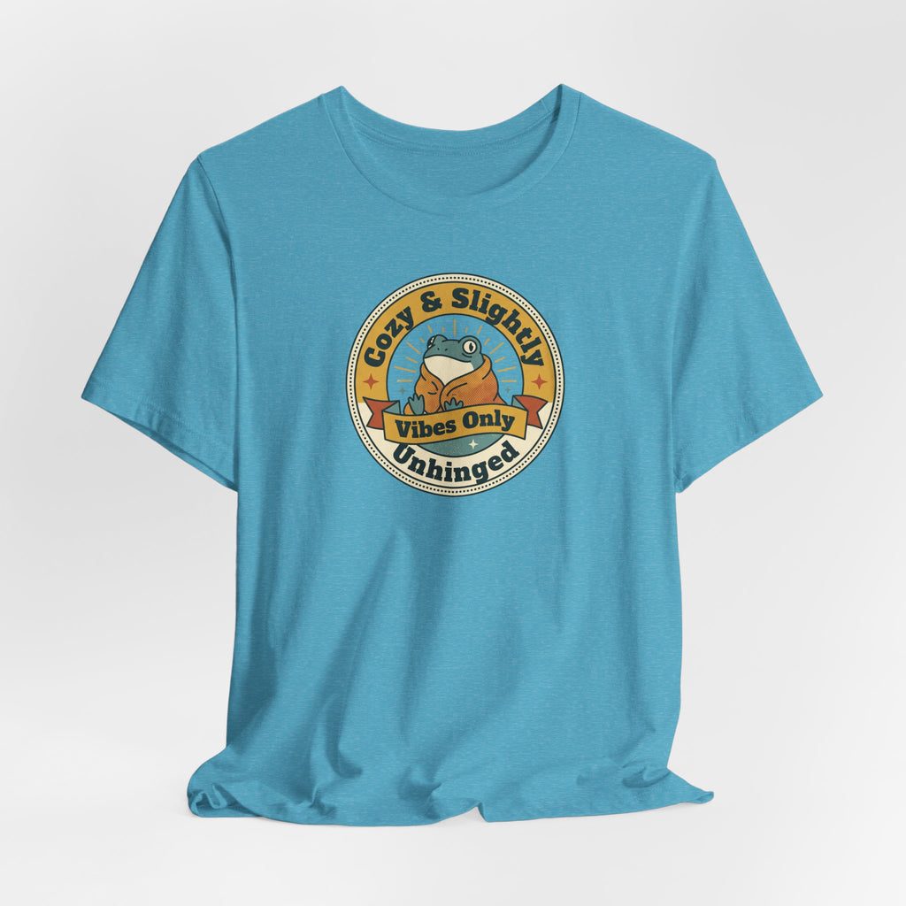 Light blue crewneck T-shirt with circular sloth graphic badge