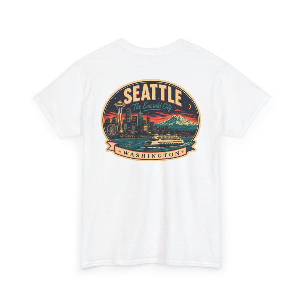 White Seattle logo T-shirt with retro skyline badge graphic