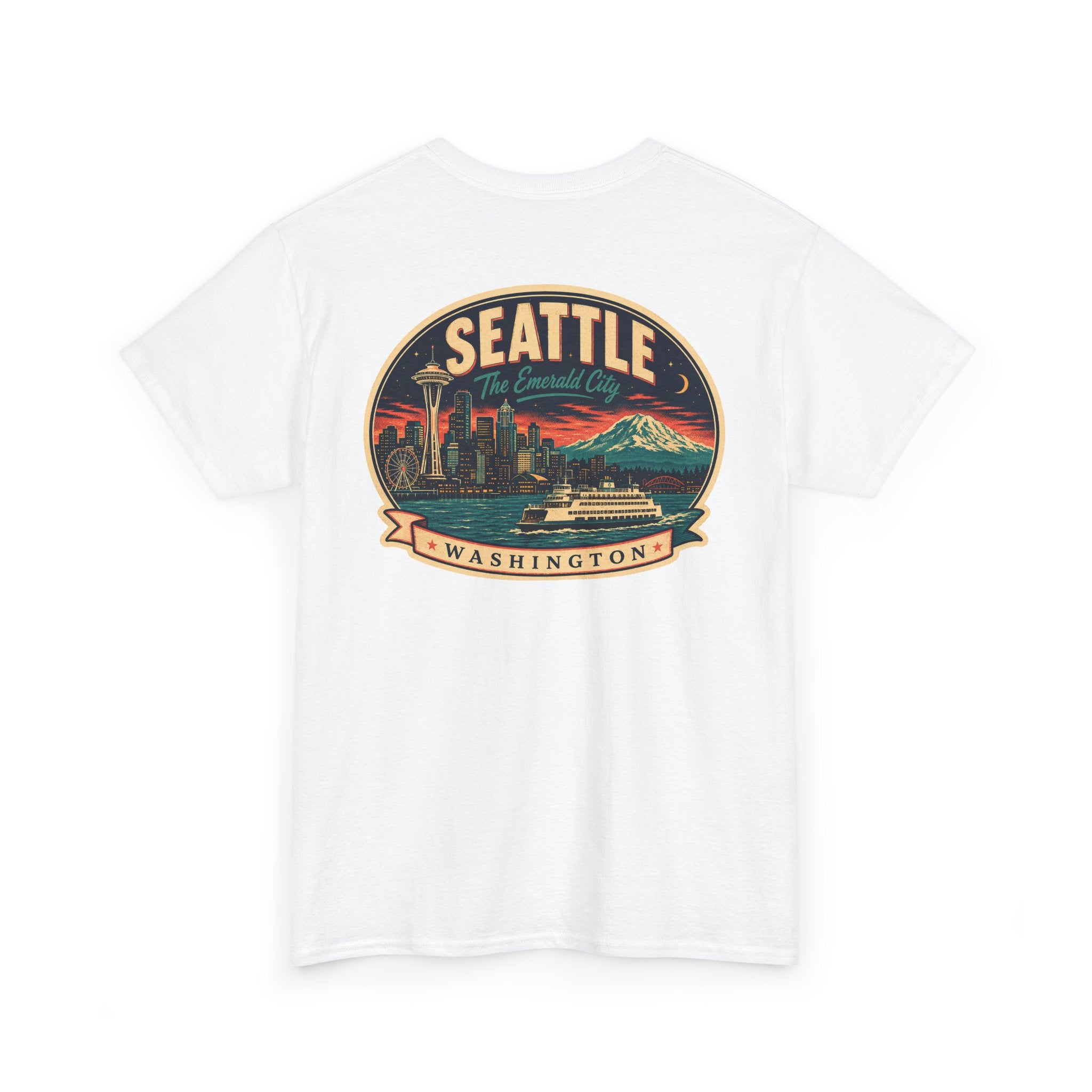 White Seattle logo T-shirt with retro skyline badge graphic