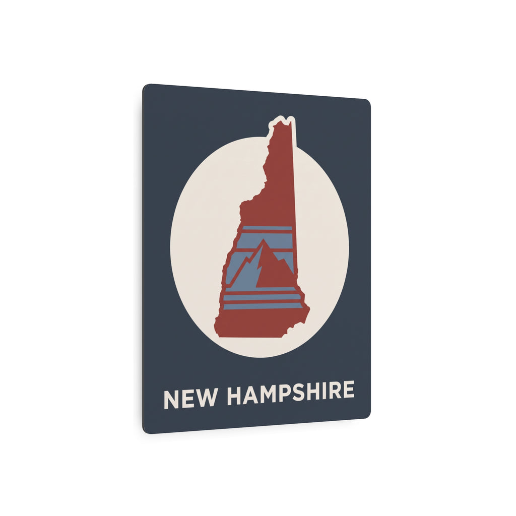 New Hampshire metal art sign, dark blue square with red mountain emblem and “NEW HAMPSHIRE”