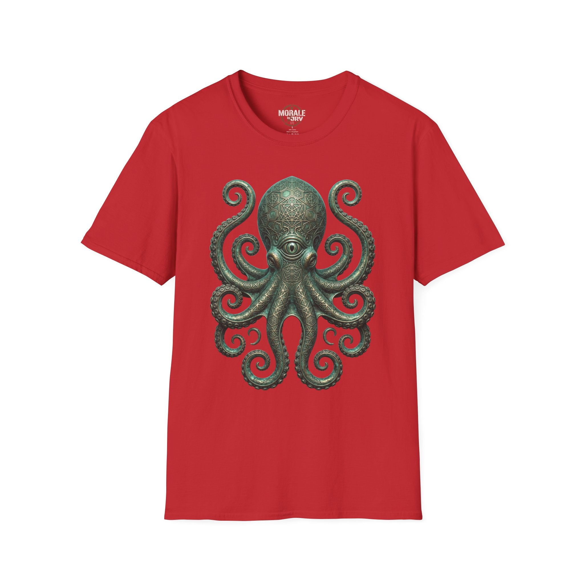 Kraken-Octopus T-Shirt auf rotem Stoff, grünes Printmotiv vorne
