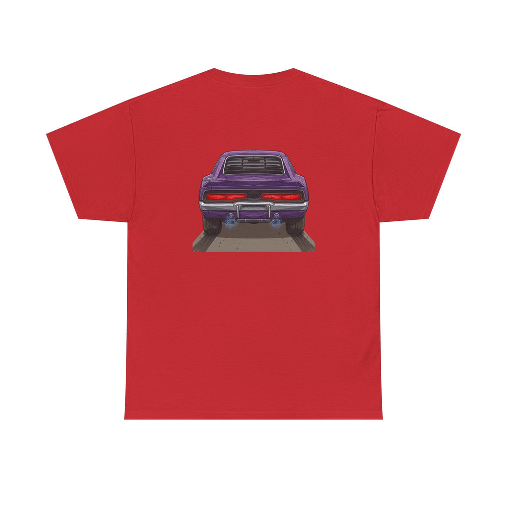 Red T-shirt with retro muscle car graphic on back