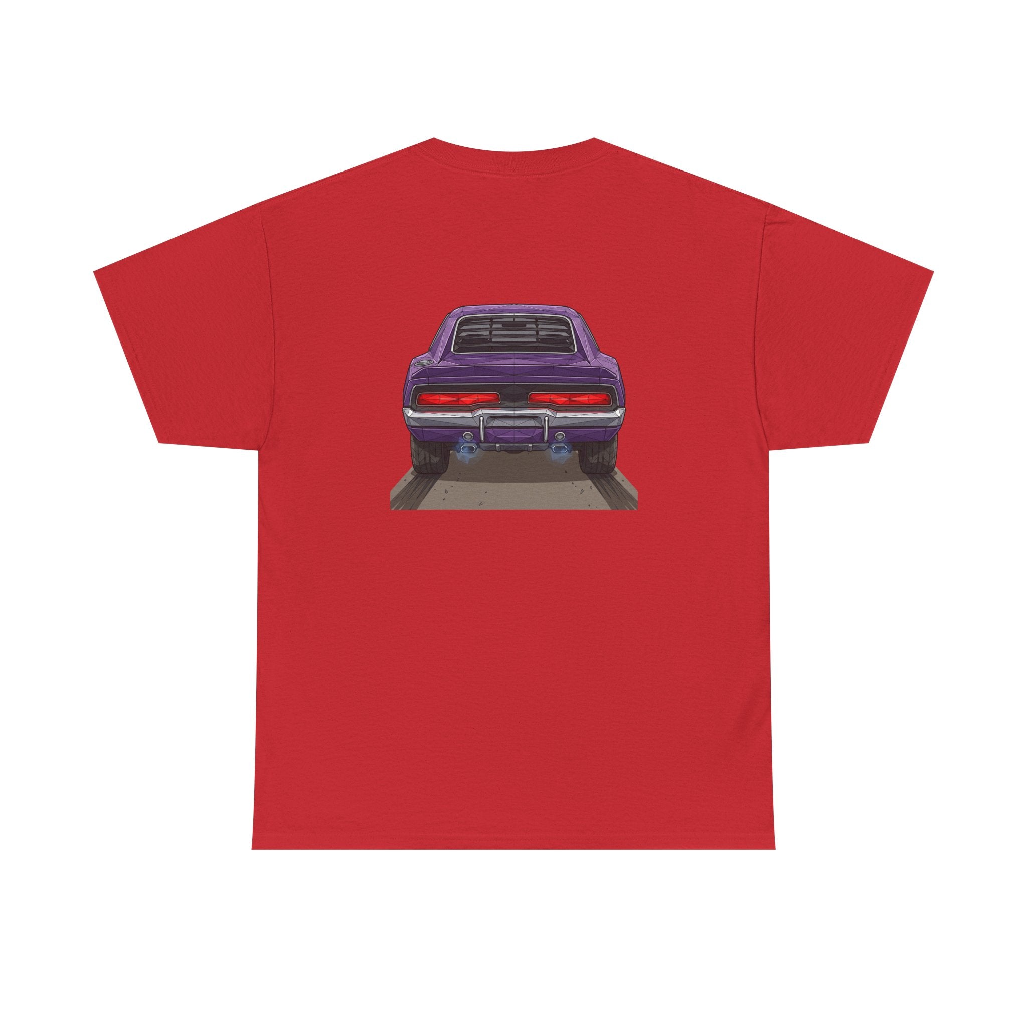 Red T-shirt with retro muscle car graphic on back