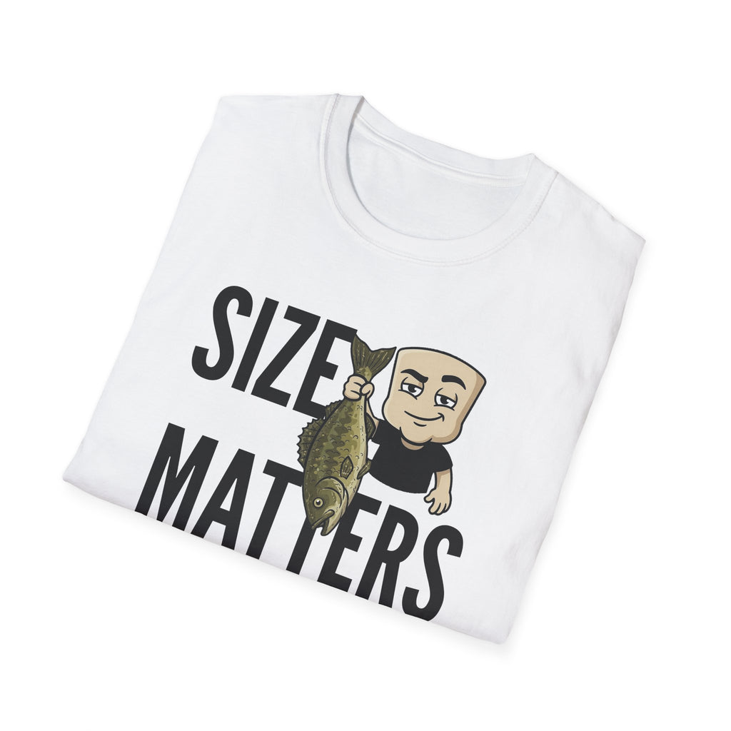White T-shirt with 'Size Matters' fishing bass and fisherman graphic