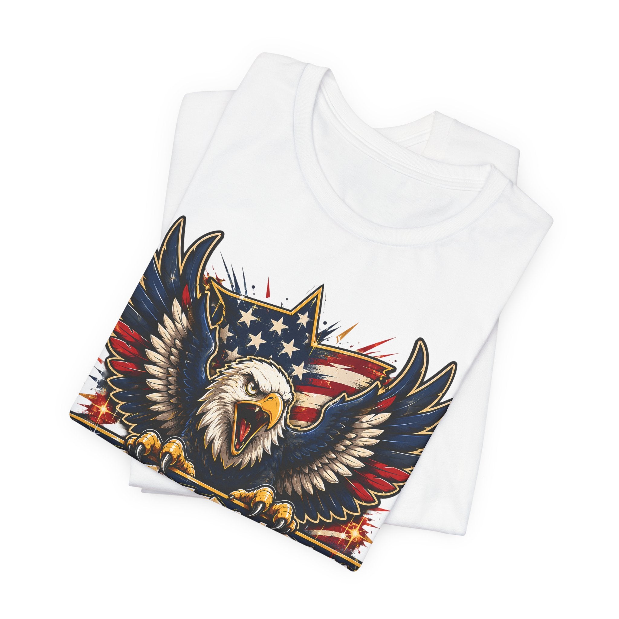 White graphic T-shirt with bald eagle head, stars-and-stripes patriotic banner