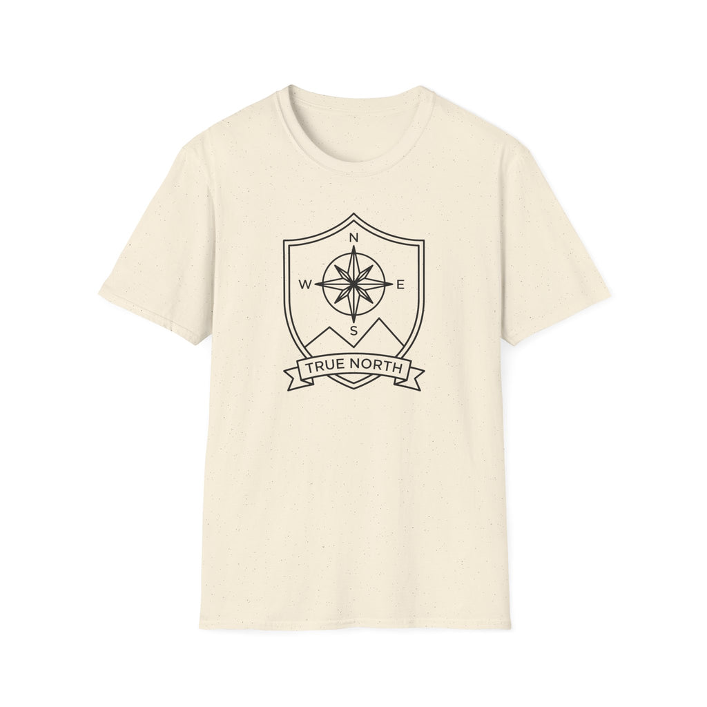 Natural cream compass shield T-shirt with compass rose emblem and True North ribbon