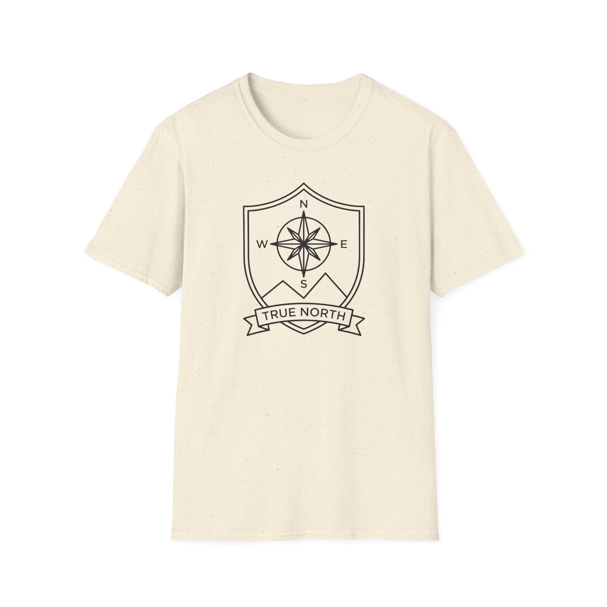 Natural cream compass shield T-shirt with compass rose emblem and True North ribbon