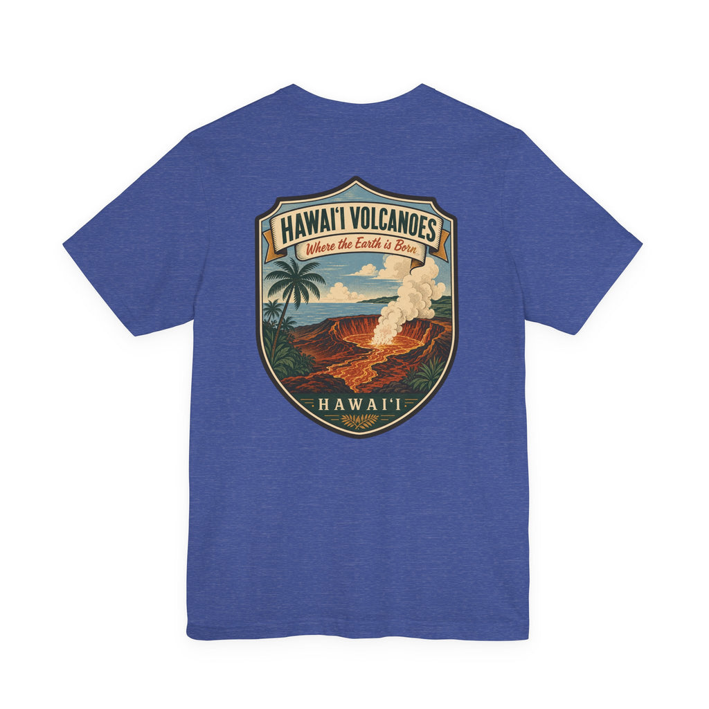 Blue T-shirt with Hawaii Volcanoes shield graphic featuring erupting volcano scene