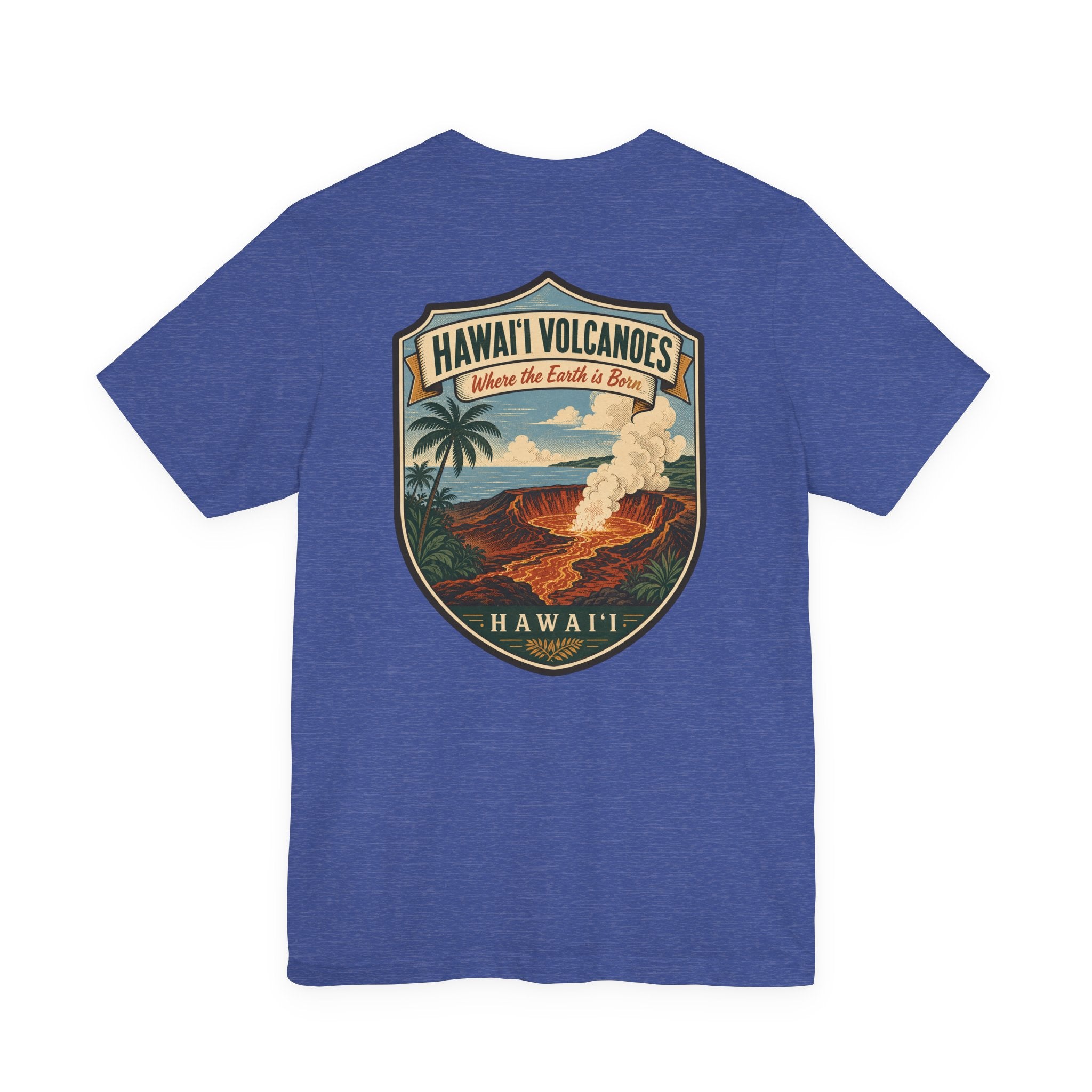 Blue T-shirt with Hawaii Volcanoes shield graphic featuring erupting volcano scene