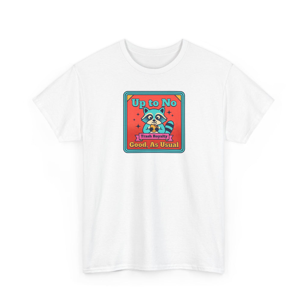 White T-shirt with colorful raccoon graphic and text in a square badge