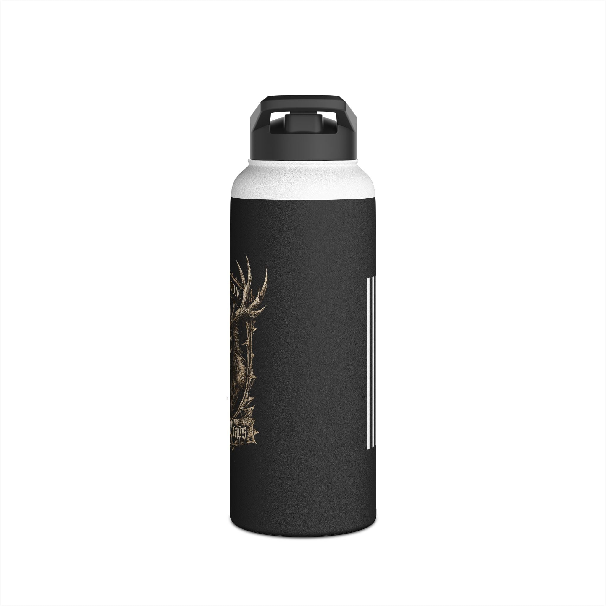 Black stainless steel tumbler with flip lid and antler graphic with vertical stripe