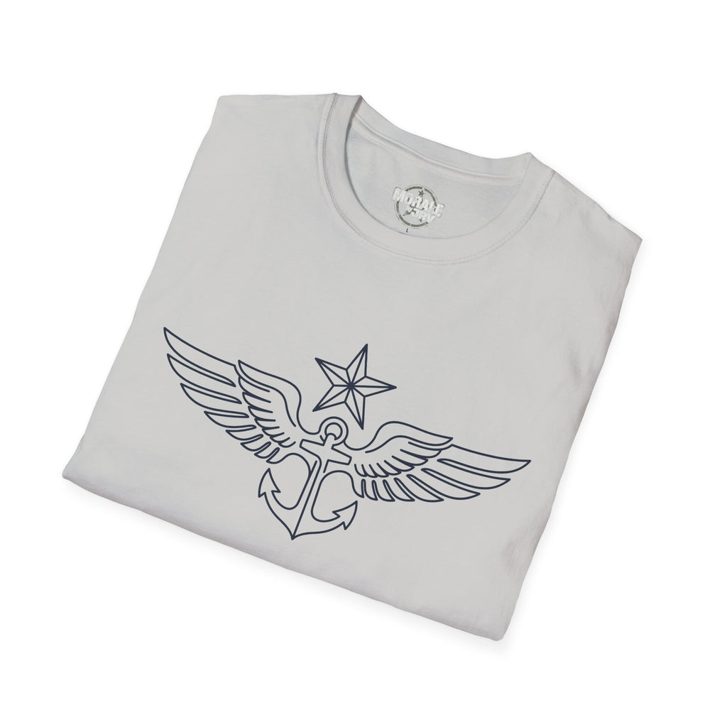 White crew-neck t-shirt with winged anchor star emblem graphic