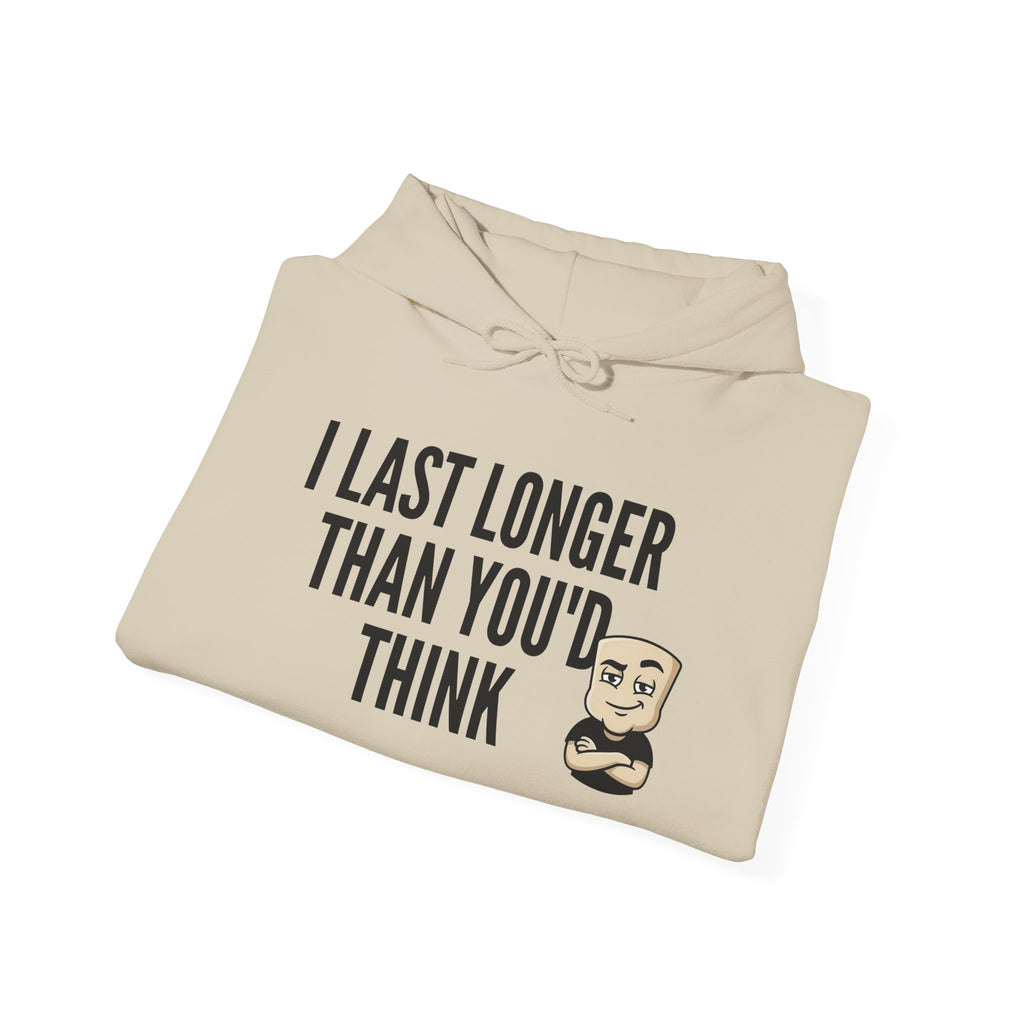 Light cream hoodie with front graphic text and cartoon bearded face, drawstring hood