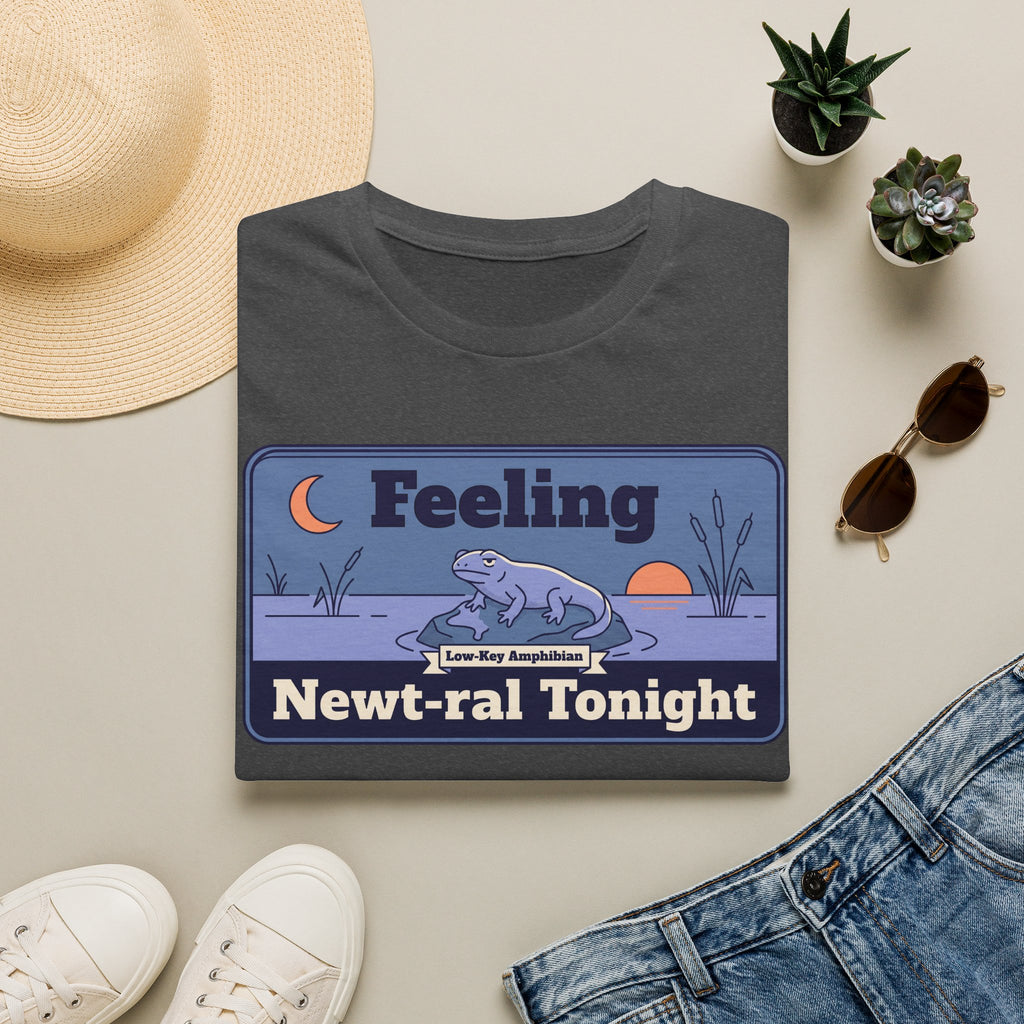 Dark gray T-shirt with cartoon newt and moon graphic, 'Feeling Newt-ral Tonight' text