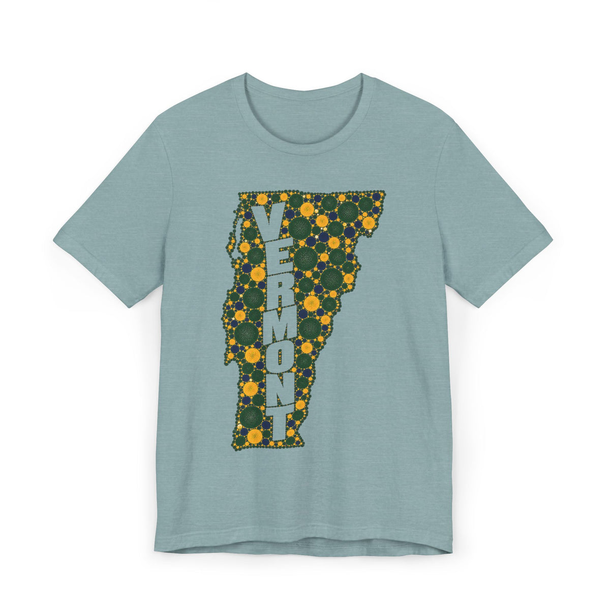 Light blue T-shirt with multicolor floral Vermont outline and VERMONT text graphic.