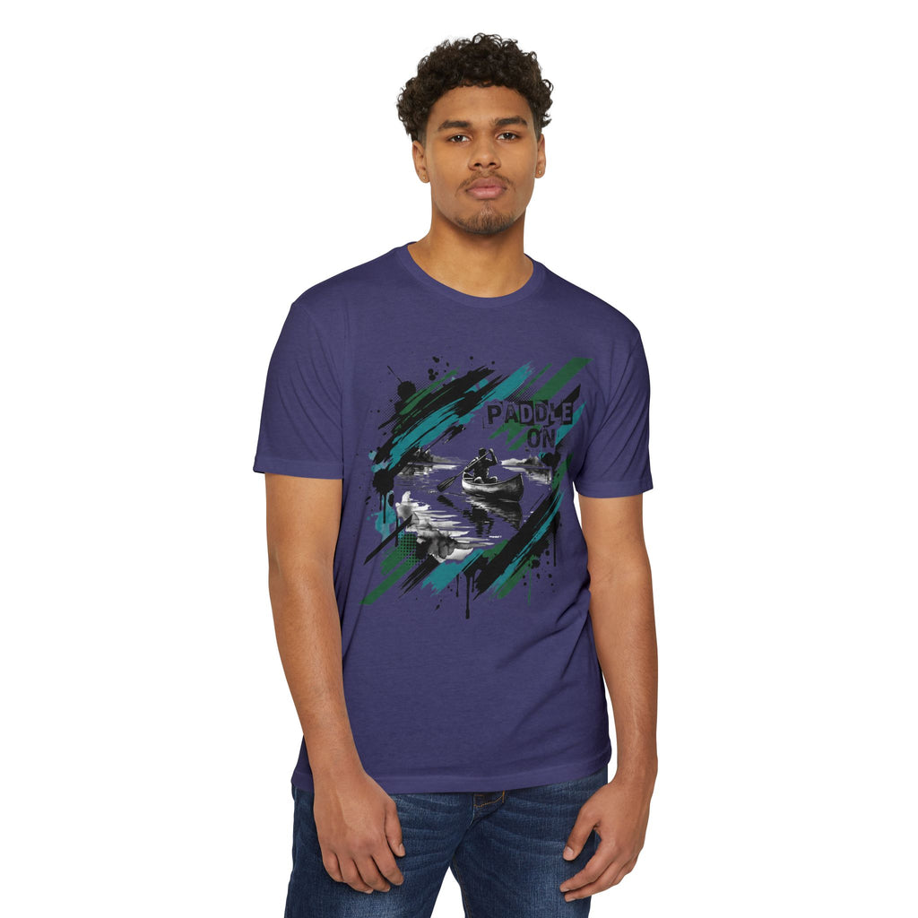 Unisex purple T-shirt with paddle graphic on front, crew neck, short sleeves.