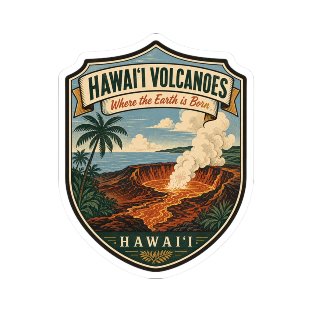 White border die-cut sticker featuring Hawai'i Volcanoes shield with lava glow and palms