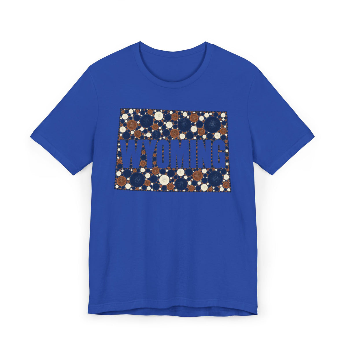Royal blue T-shirt with rectangular polka dot Wyoming graphic print