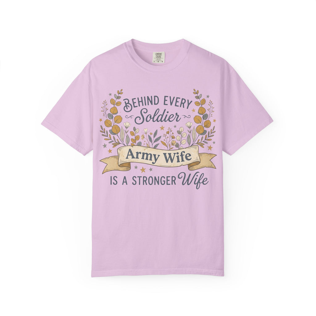 Lavender Army Wife T-shirt with floral 'Behind Every Soldier' text graphic