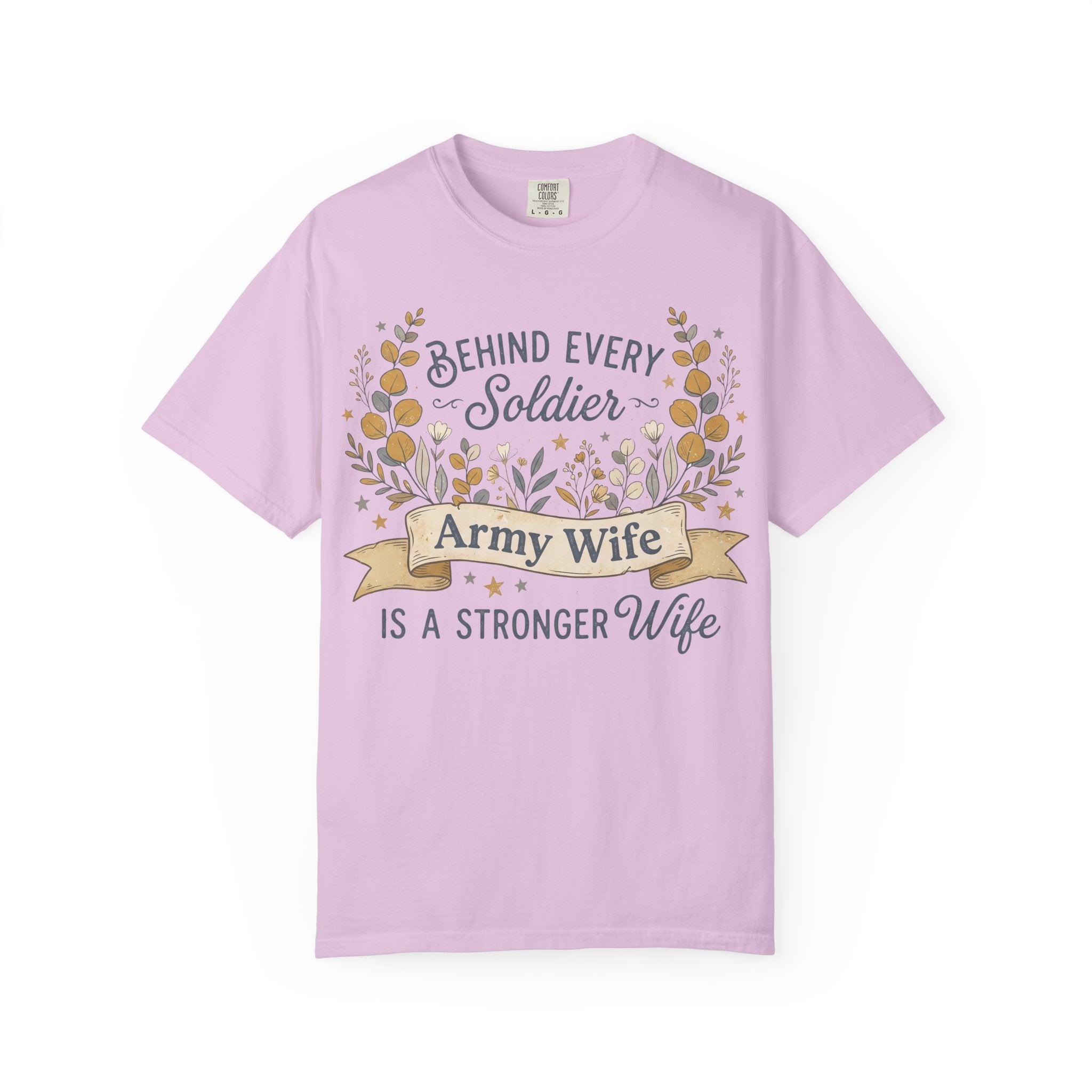 Lavender Army Wife T-shirt with floral 'Behind Every Soldier' text graphic
